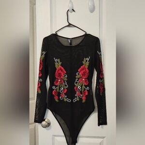 Black Sheer Bodysuit with Red Floral Embroidery SizeXL